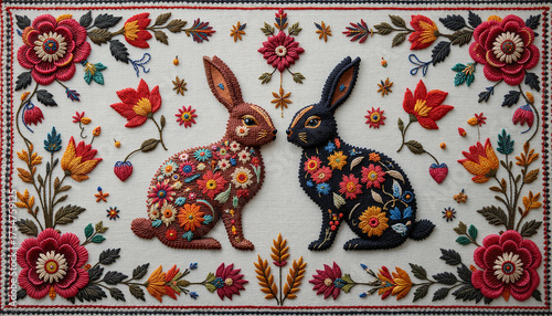 Tiny Dutch rabbits embroidered in traditional Polish folk art with floral motifs