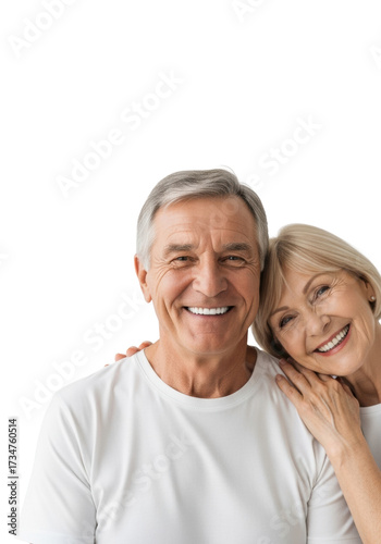 Elderly caucasian couple, 60s-70s, with radiant smiles, woman gently leaning on man's shoulder, against transparent studio background with copy space, high-key light. Heartwarming enduring love