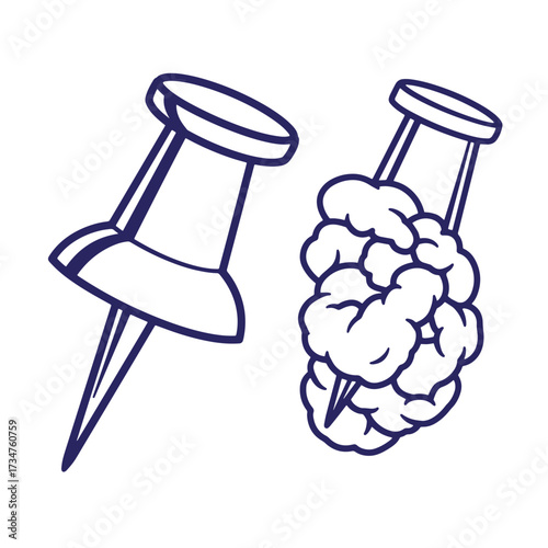 Two illustrated push pins one standard and one resembling a cloud isolated