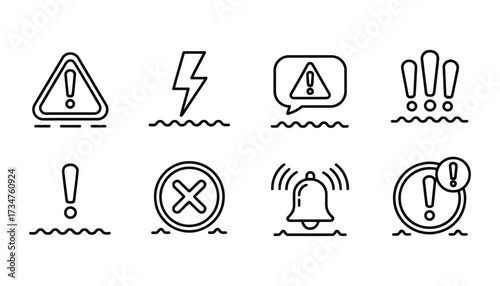Set of warning alert symbols and icons representing danger notification and cautionary signals