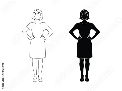 Stylish woman in dress illustration in black and white