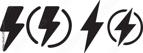 four black lightning bolt icons showing power energy and electricity symbols in different styles isolated on white background.