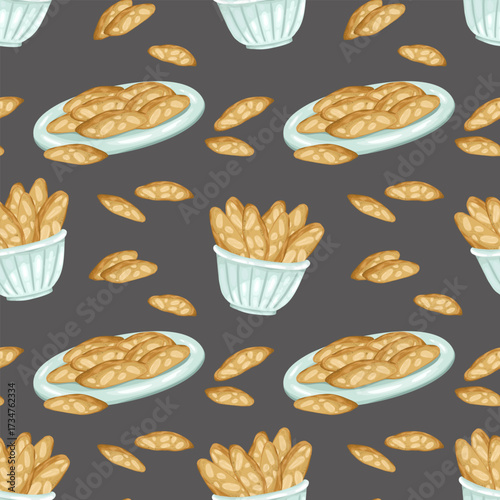 A delicious seamless vector pattern of hand-drawn cantuccini. The Italian biscuits are arranged on a dark background in bowls and on plates, making it perfect for food packaging, bakery branding