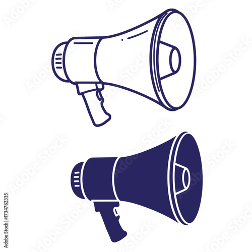 Two stylized megaphones in outline and solid color illustrations on white background