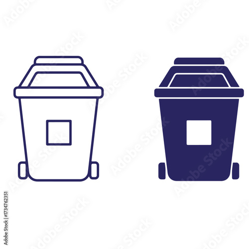 Two stylized garbage bins with lids and wheels in outline and filled dark blue colors