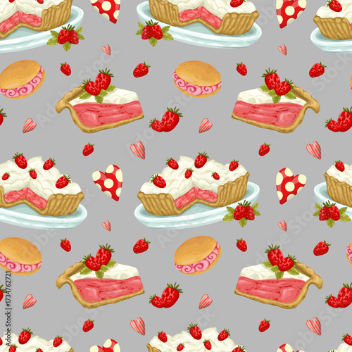A delightful seamless vector pattern of hand-drawn Italian desserts. The design features strawberry tarts and small pastries on a textured gray background