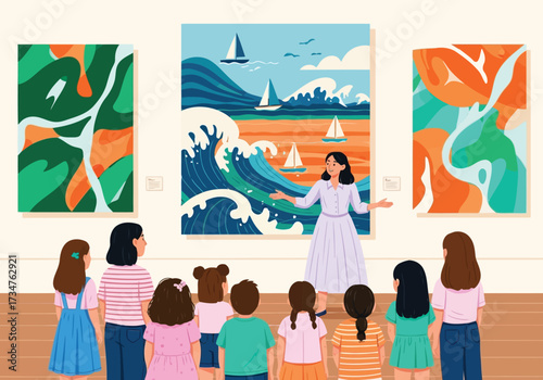 Art gallery exhibition with a tour guide presenting paintings to a group of children, showcasing seascapes and abstract art