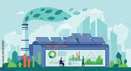 Ecofriendly factory with solar panels on roof, emitting green smoke with leaves, showing data charts and graphs on a large screen