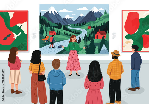 Art gallery tour with a guide explaining a landscape painting to a diverse group of visitors