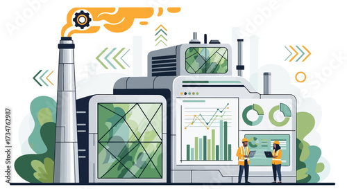 Industrial facility with advanced technology, engineers examining data on screens and charts, symbolizing industrial progress and data analysis