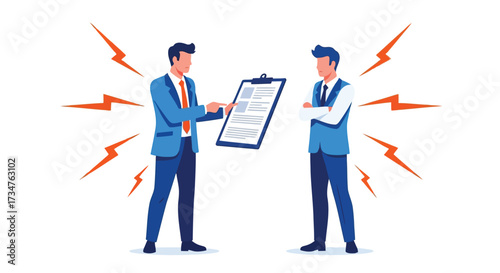 Two businessmen in suits stand facing each other, one presenting a document on a clipboard, with orange lightning bolts symbolizing tension