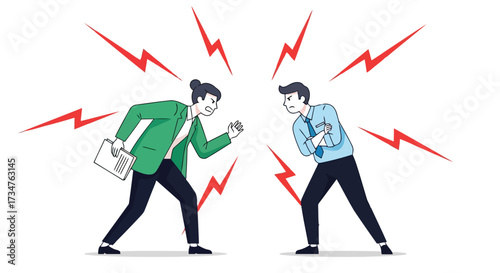 Two businessmen arguing and shouting at each other with red lightning bolts symbolizing conflict and disagreement