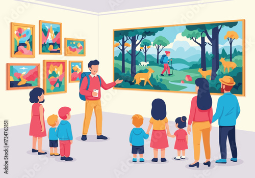 A group of children and adults on a field trip at an art gallery looking at a large landscape painting with animals