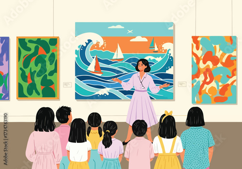 Art gallery exhibition with a curator explaining paintings to a group of children in a museum setting