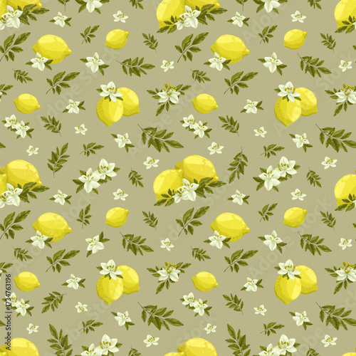 A delightful seamless vector pattern of hand-drawn lemons and blossoms. The design features ripe yellow lemons and delicate white flowers on a textured green background