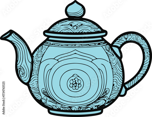 Black Bold outline with white background, Black and white line art of traditional clay teapot
