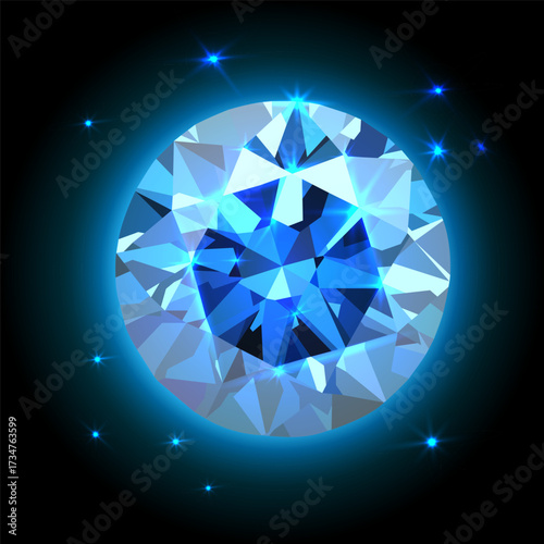 Shiny blue faceted precious stone glowing with light on black background. Elegant symbol of wealth and beauty, radiant cut, luminous jewel for decoration and art