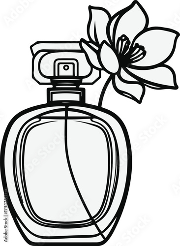 Black Bold outline with white background, Line art of perfume bottle with flower outline 3