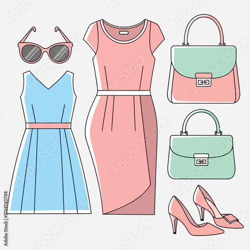 Fashionable Woman's Outfit with Dresses, Handbags, and Shoes in a Stylish Flat Design