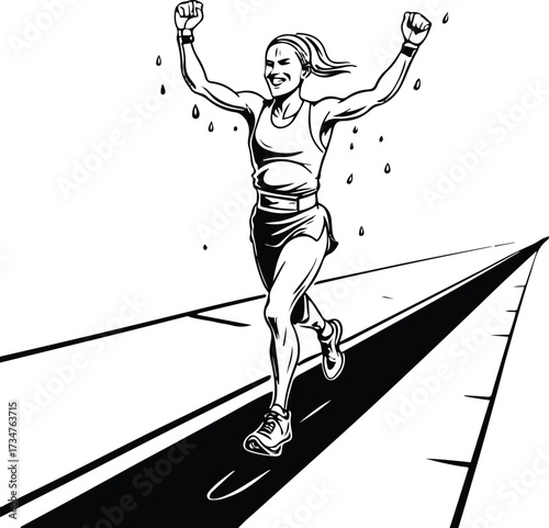 Black Bold outline with white background, Line art of runner crossing finish line