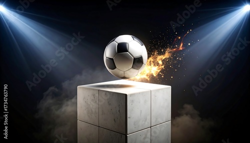 Soccer Ball Floating Above Stone Cube with Spotlight