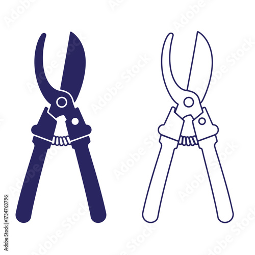 Vector illustration of two garden pruning shears in solid color and outline variations