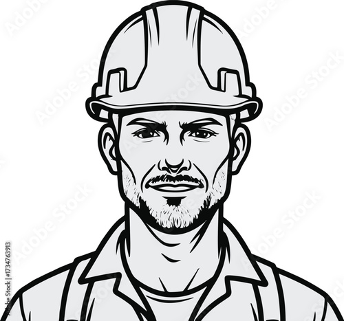 Black Bold outline with white background, Minimal outline art of a construction worker with helmet 3