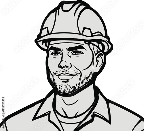 Black Bold outline with white background, Minimal outline art of a construction worker with helmet