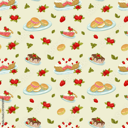 A delightful seamless vector pattern of hand-drawn Italian desserts. The design features strawberry tarts and small pastries on a textured gray background