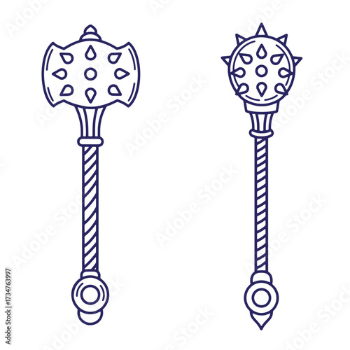 Vector illustration of two medieval mace weapons in detailed outline style