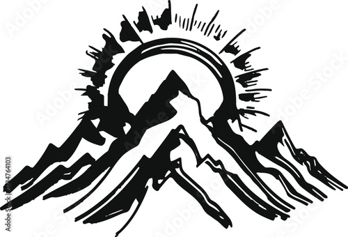 Black Bold outline with white background, Outline art of mountain with rising sun 1