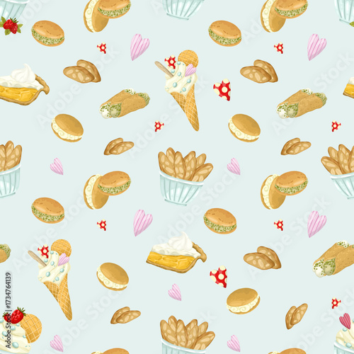 A delightful seamless vector pattern of hand-drawn Italian pastries and desserts. The design features sweets and ice cream on a textured light blue background, perfect for bakery branding