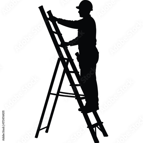 Silhouette of a worker on a ladder construction man hard hat climbing job occupation repair male person tool safety equipment
