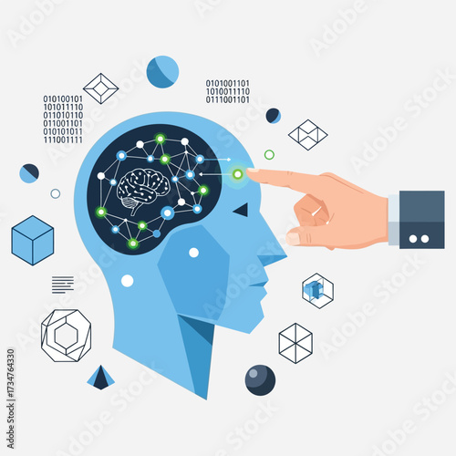 Artificial Intelligence Concept Illustration with Human Head and Digital Brain Network