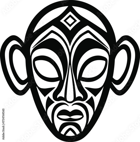 Black thick outline with white background, Minimalist outline of tribal mask 2