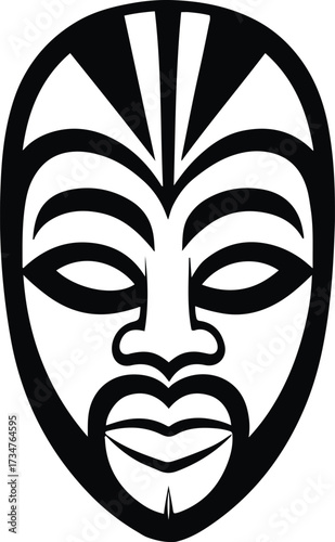 Black thick outline with white background, Minimalist outline of tribal mask