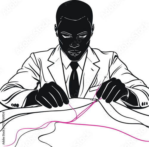 Single line art of a tailor sewing with needle and thread 1.