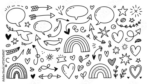 Whimsical hand drawn doodle elements including rainbows hearts arrows and speech bubbles perfect for design