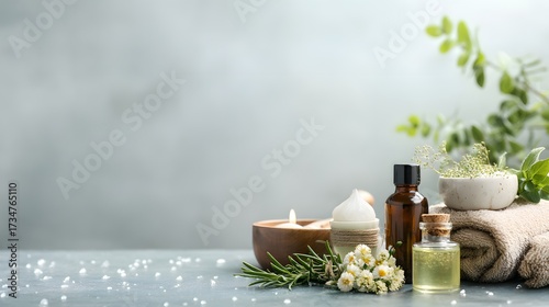 Spa still life with essential oil, natural soap, towels, and herbs on a wooden table. Spa still life with flowers, stones and towels on light background