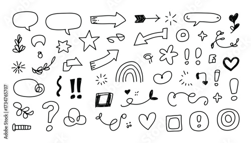 Collection of hand drawn doodle elements arrows speech bubbles stars hearts symbols and more for design