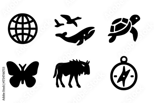 Global Migration Icons. Global migration. Filled icon set of global migration: globe, migrating birds, whale,