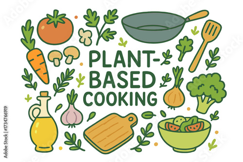 Plant-Based Cooking Art. Plant-based cooking. Hand-drawn doodle illustration of plant-based cooking.