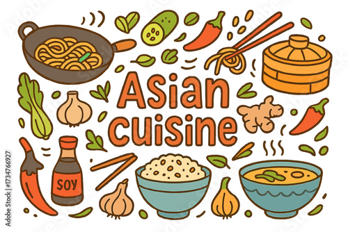 Asian Cuisine Doodle. Asian cuisine. Hand-drawn doodle illustration of Asian cuisine. Wok, noodles, rice bowl,