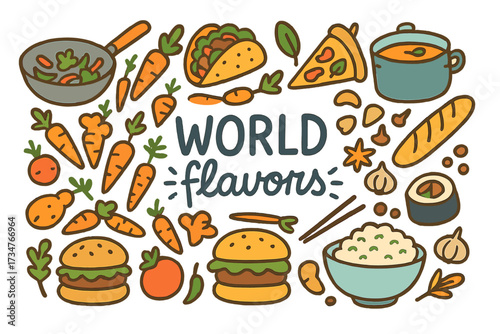 Global Culinary Doodle. World flavors. Hand-drawn doodle illustration of world flavors. Wok, taco, pizza slice
