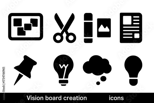Vision Board Essentials. Vision board creation. Filled icon set of vision board creation: corkboard, scissors,