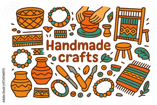 Artisan Craft Doodles. Handmade crafts. Hand-drawn doodle illustration of handmade crafts. Basket weaving,