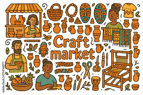 Vibrant Craft Market. Craft market. Hand-drawn doodle illustration of craft market. Stalls, pottery, baskets,