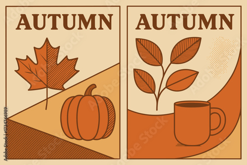 Vintage Autumn Posters. “autumn”. Two minimalist vintage-style posters placed side by side in one illustration