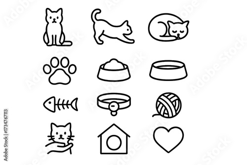 Street Cats Icons. Street Cats. Line outline icon set of Street Cats: sitting cat, stretching cat, curled-up