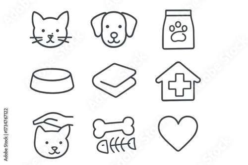 Street Animal Care Icons. Street Animal Care. Line outline icon set of Street Animal Care: cat, dog, paw print